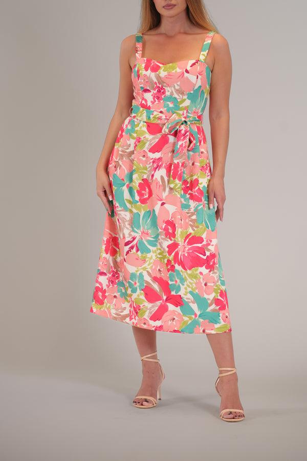 julia jordan SLEEVELESS MIDI DRESS W/ STRAPS AND TIE IVORY MULTI