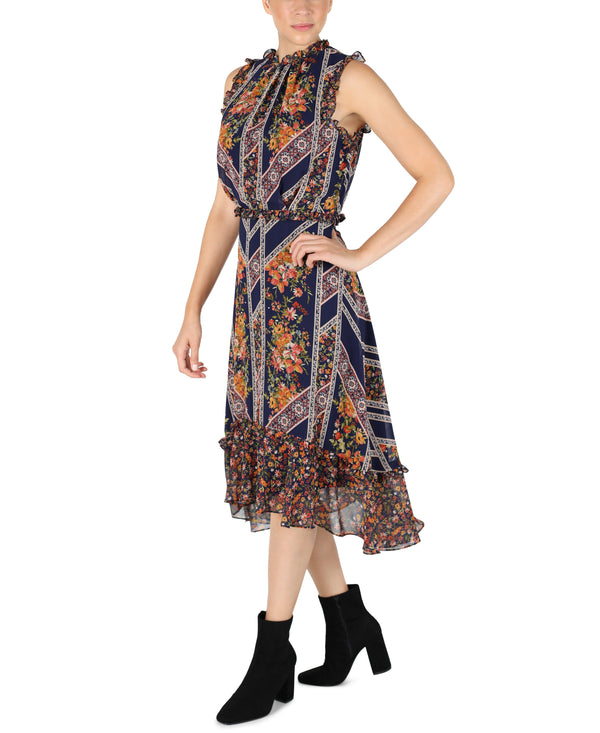 Julia Jordan Sleeveless Mock Neck Ruffle Dress Navy Multi