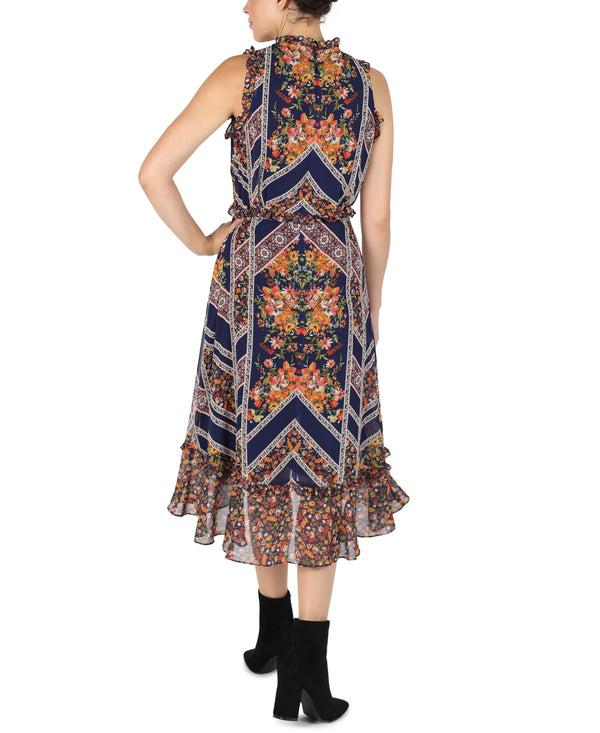 Julia Jordan Sleeveless Mock Neck Ruffle Dress Navy Multi