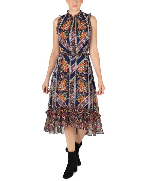 julia jordan Sleeveless Mock Neck Ruffle Dress Navy Multi