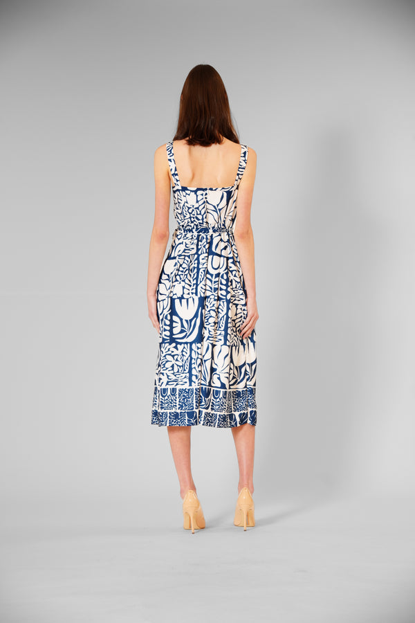 Julia Jordan SLEEVELESS PRINTED LINEN DRESS WITH TIE BLUE IVORY