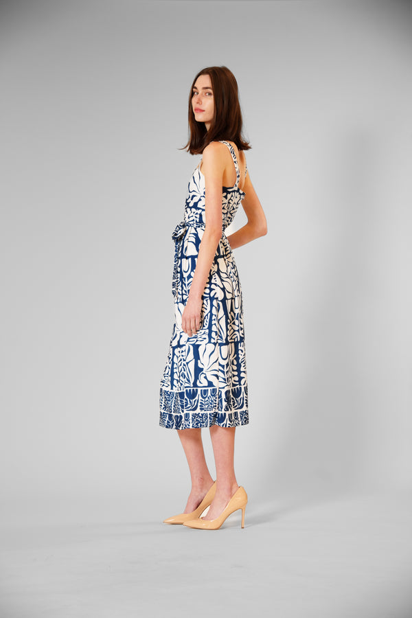Julia Jordan SLEEVELESS PRINTED LINEN DRESS WITH TIE BLUE IVORY