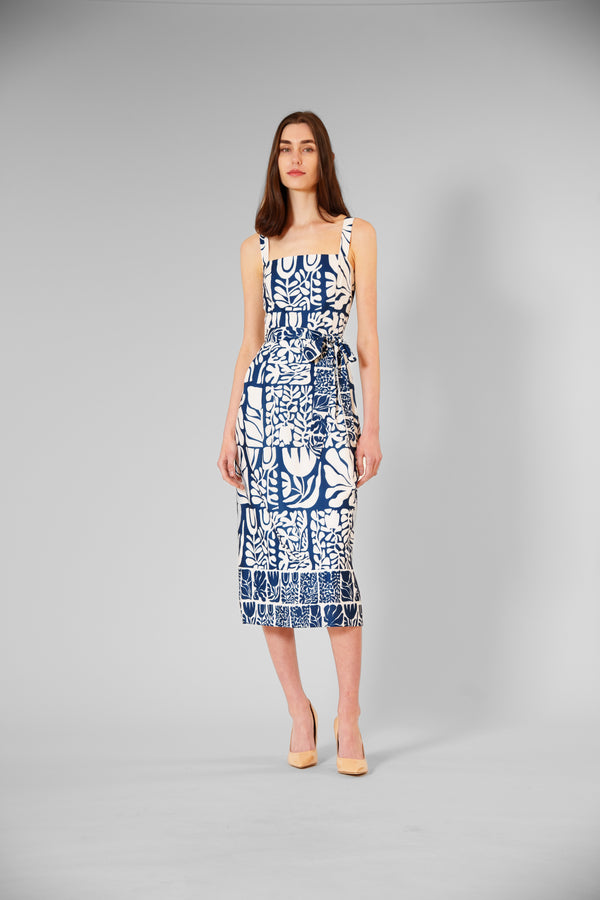 julia jordan SLEEVELESS PRINTED LINEN DRESS WITH TIE BLUE IVORY