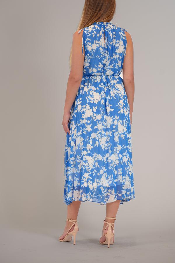 Julia Jordan SLEEVELESS SCOOP NECK PLEATED MAXI DRESS BLUE IVORY