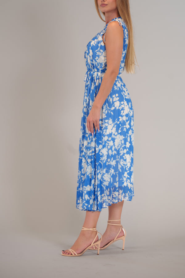 Julia Jordan SLEEVELESS SCOOP NECK PLEATED MAXI DRESS BLUE IVORY