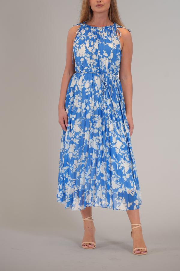 julia jordan SLEEVELESS SCOOP NECK PLEATED MAXI DRESS BLUE IVORY