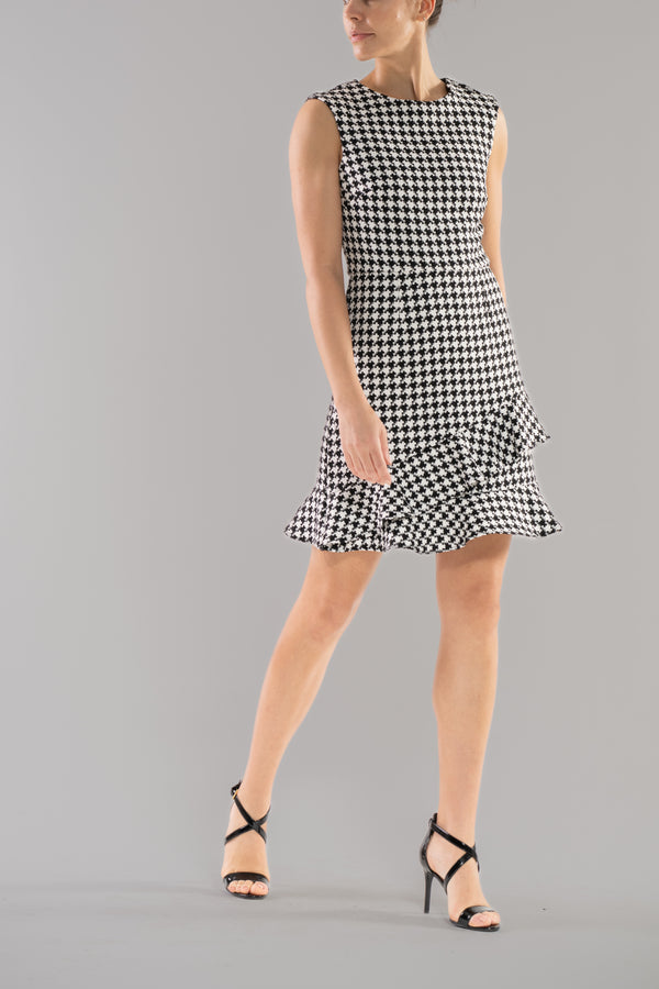 Julia Jordan SLEEVELESS SCOOP NECK RUFFLE HEM DRESS BLACK WHITE