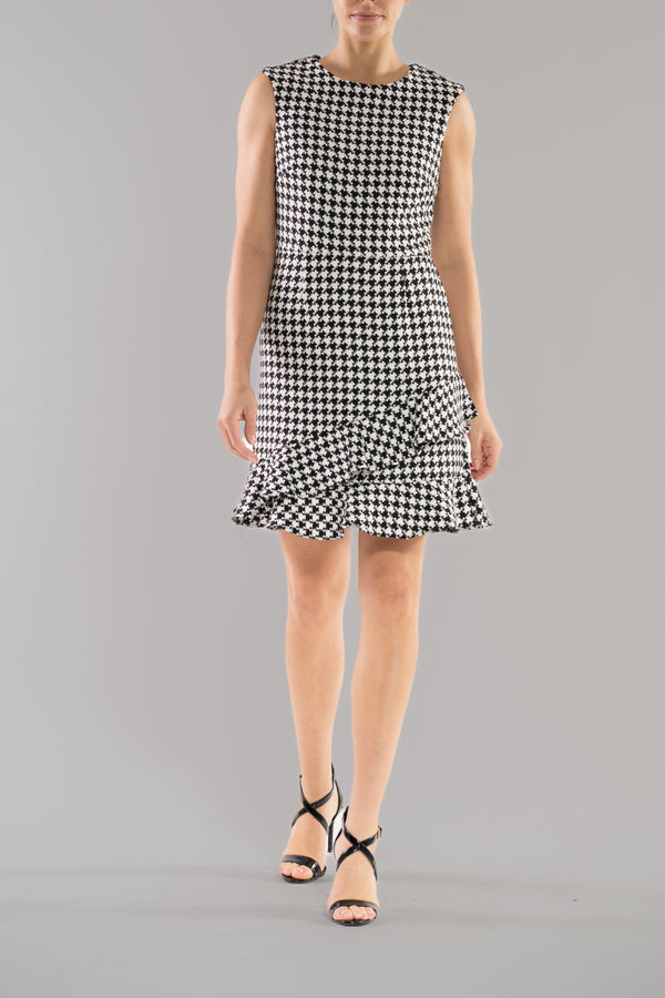 julia jordan SLEEVELESS SCOOP NECK RUFFLE HEM DRESS BLACK WHITE