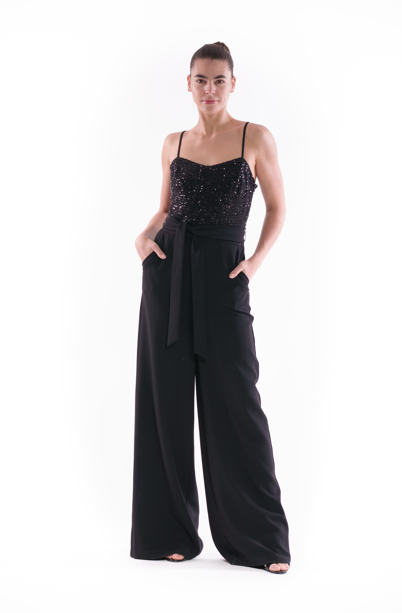 julia jordan SLEEVELESS SQUARE NECK SEQUIN MIX MEDIA JUMPSUIT BLACK