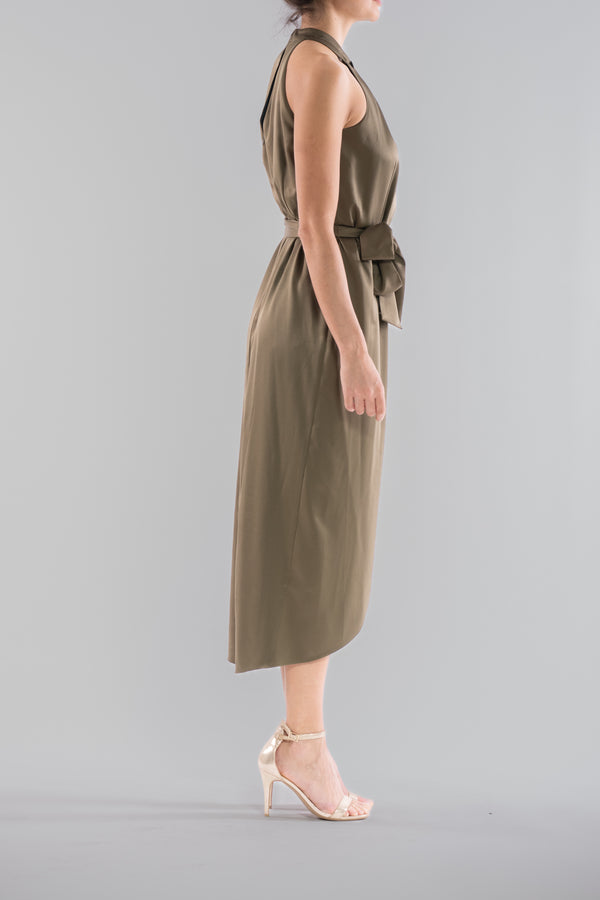 Julia Jordan SLEEVELESS TIE NECK FITTED MIDI DRESS OLIVE