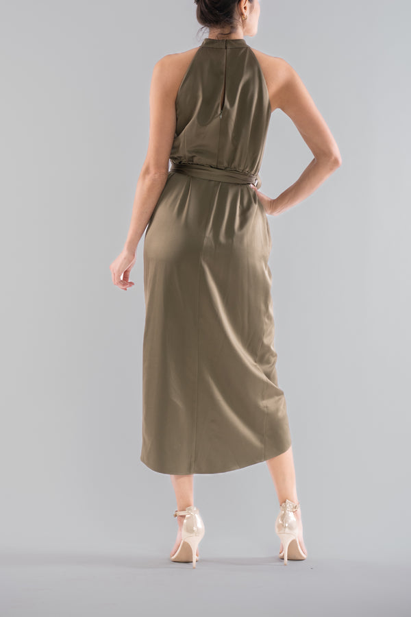 Julia Jordan SLEEVELESS TIE NECK FITTED MIDI DRESS OLIVE