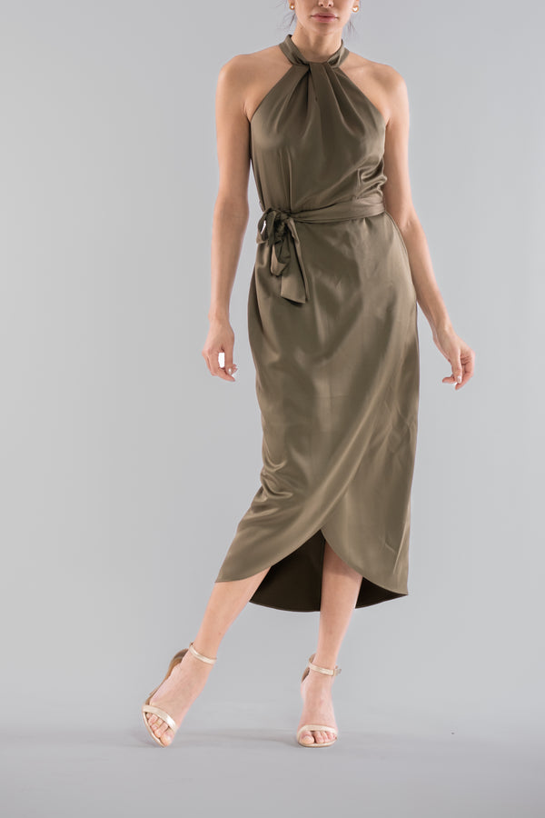 julia jordan SLEEVELESS TIE NECK FITTED MIDI DRESS OLIVE