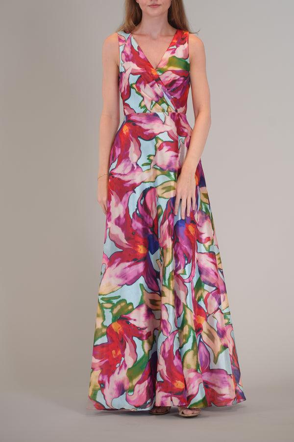 Julia Jordan SLEEVELESS V NECK PRINTED MAXI DRESS W/ SLIT PINK MULTI