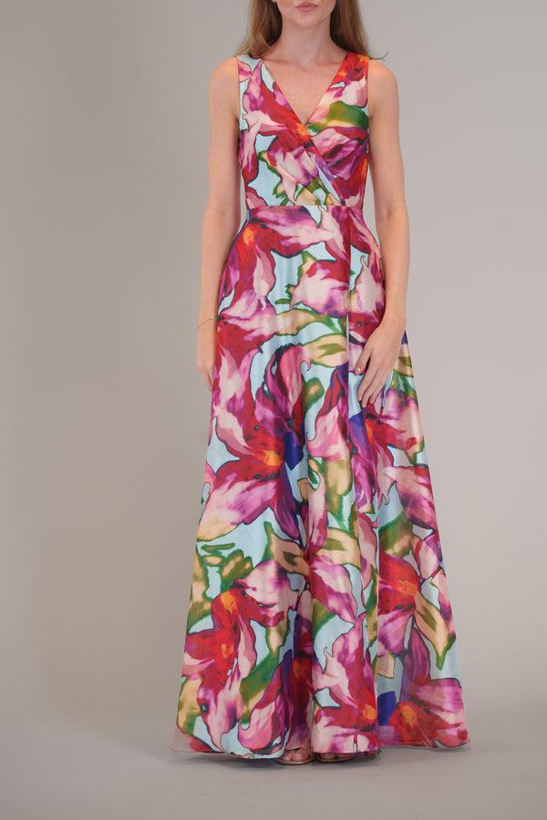 julia jordan SLEEVELESS V NECK PRINTED MAXI DRESS W/ SLIT PINK MULTI