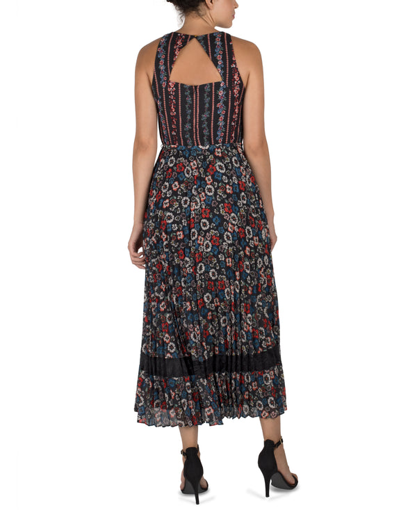 Julia Jordan Sleevless Floral Twin Print Pleated Midi Length Dress With Lace Insert Black Multi