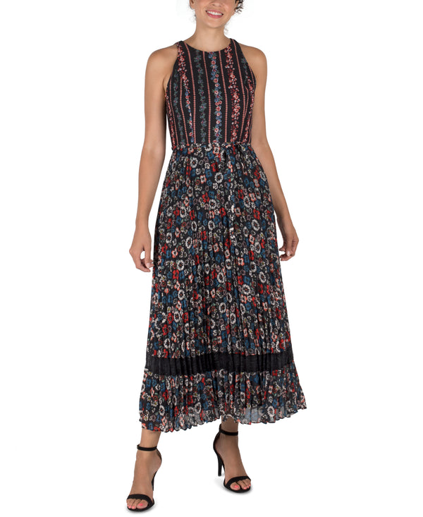 Julia Jordan Sleevless Floral Twin Print Pleated Midi Length Dress With Lace Insert Black Multi