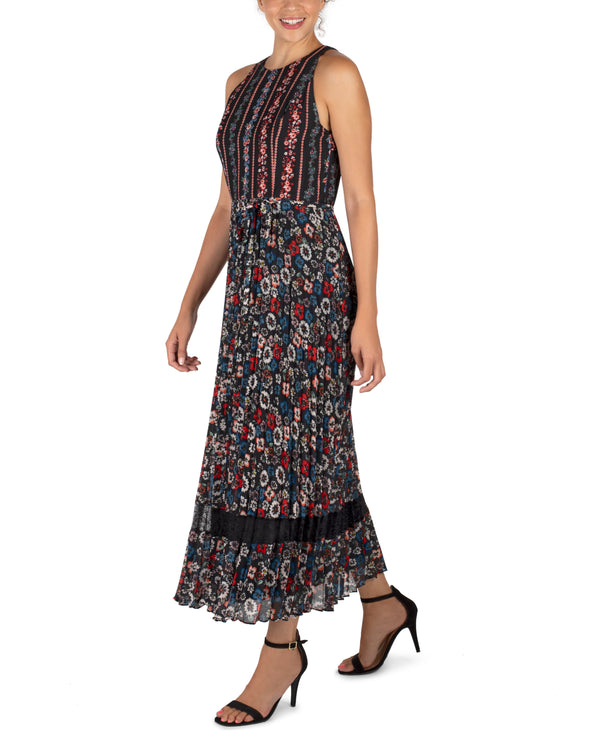 Julia Jordan Sleevless Floral Twin Print Pleated Midi Length Dress With Lace Insert Black Multi
