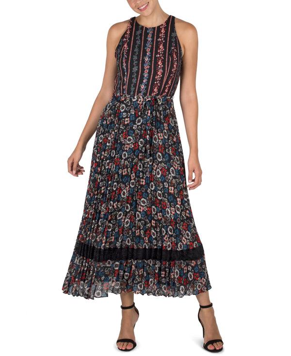 julia jordan Sleevless Floral Twin Print Pleated Midi Length Dress With Lace Insert Black Multi