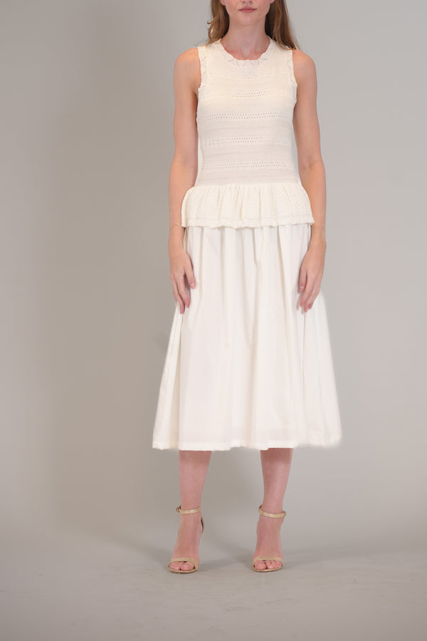 julia jordan SLEEVLESS SCOOP NECK KNIT & WOVEN COMBO DRESS IVORY