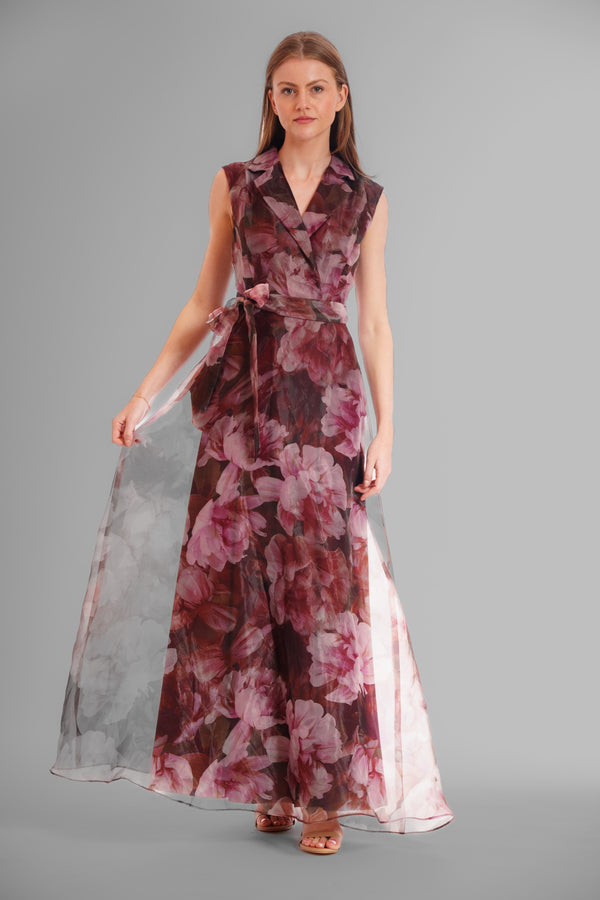 Julia Jordan SLVLESS LONG DRESS W/ LAPEL & SELF SASH BROWN PINK