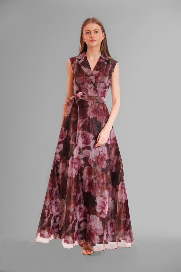 julia jordan SLVLESS LONG DRESS W/ LAPEL & SELF SASH BROWN PINK