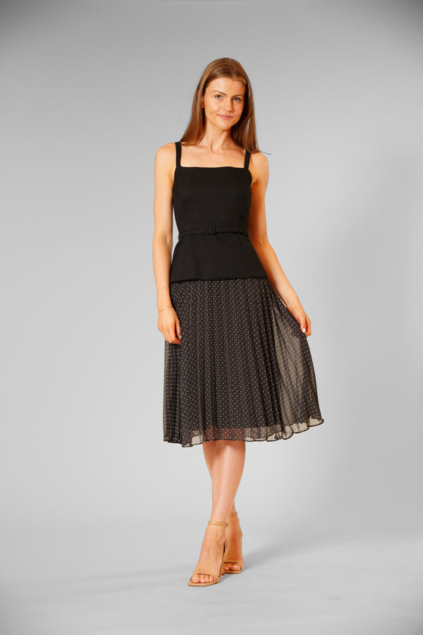 Julia Jordan SLVLESS MIX MEDIA BELTED PLEATED SKIRT DRESS BLACK