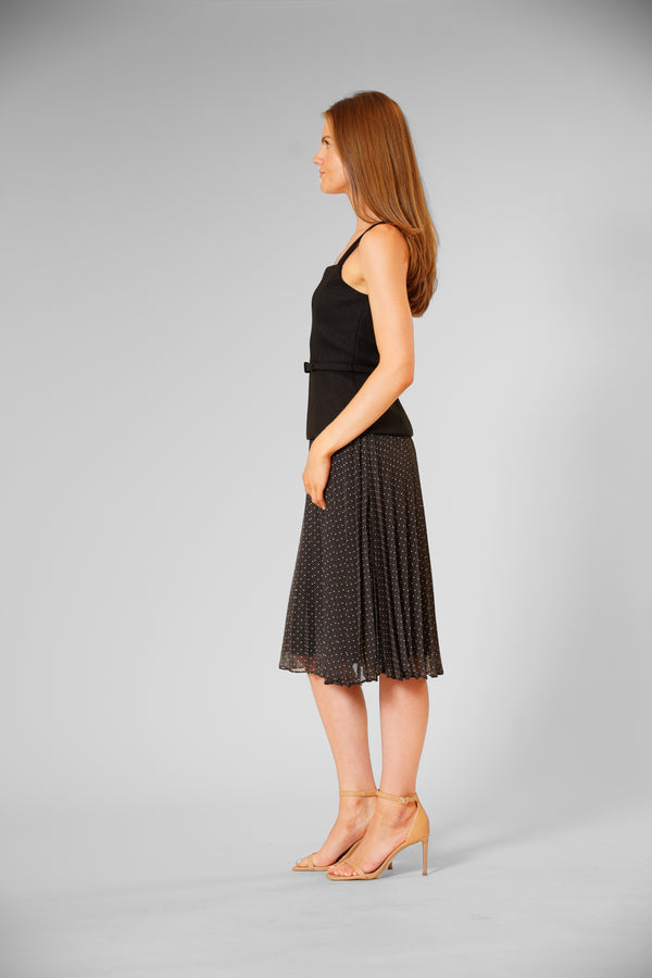 Julia Jordan SLVLESS MIX MEDIA BELTED PLEATED SKIRT DRESS BLACK