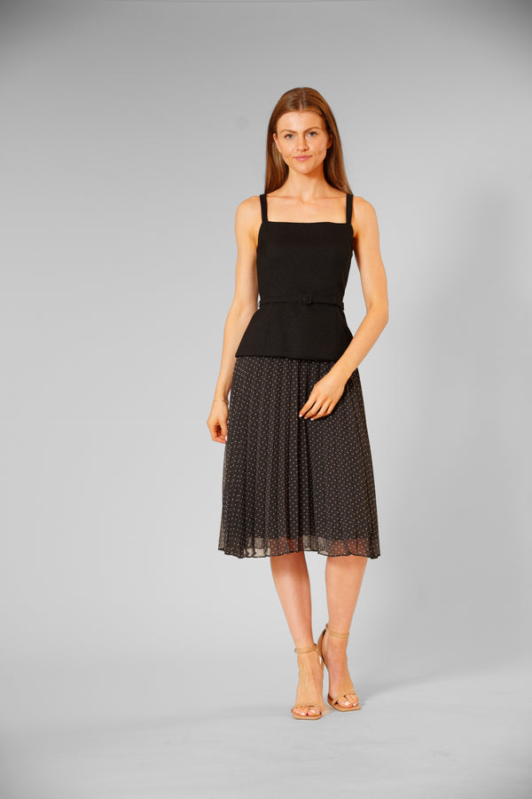 julia jordan SLVLESS MIX MEDIA BELTED PLEATED SKIRT DRESS BLACK