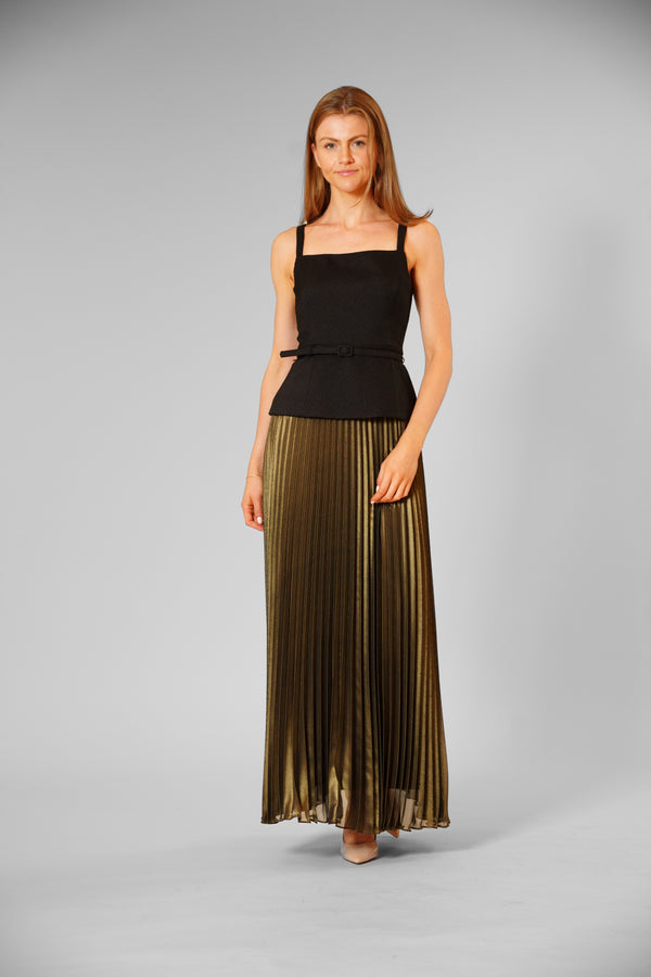 julia jordan SLVLESS MIX MEDIA BELTED PLEATED SKIRT DRESS BLACK MULTI