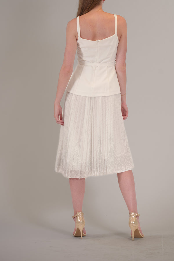 Julia Jordan SLVLESS MIX MEDIA BELTED PLEATED SKIRT DRESS IVORY/MULTI