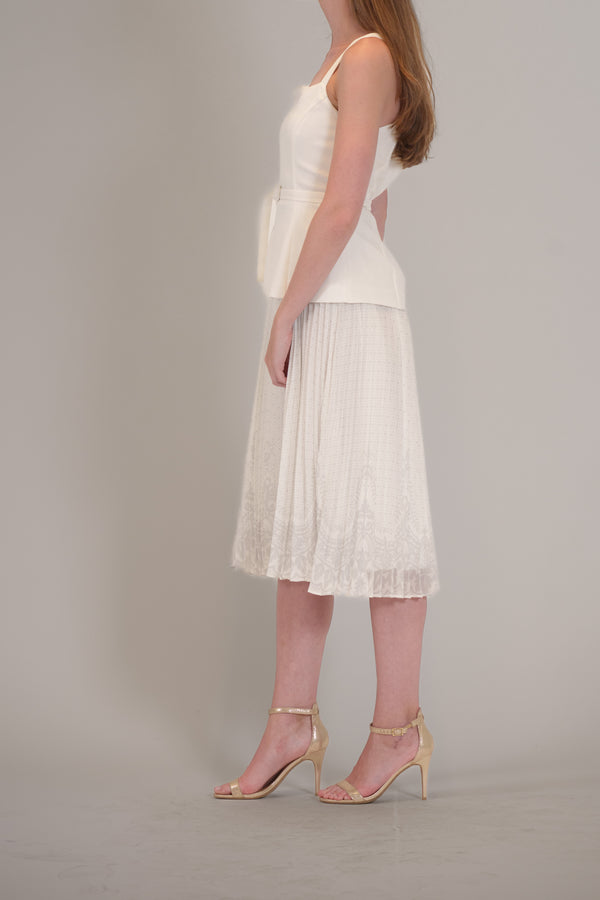 Julia Jordan SLVLESS MIX MEDIA BELTED PLEATED SKIRT DRESS IVORY/MULTI