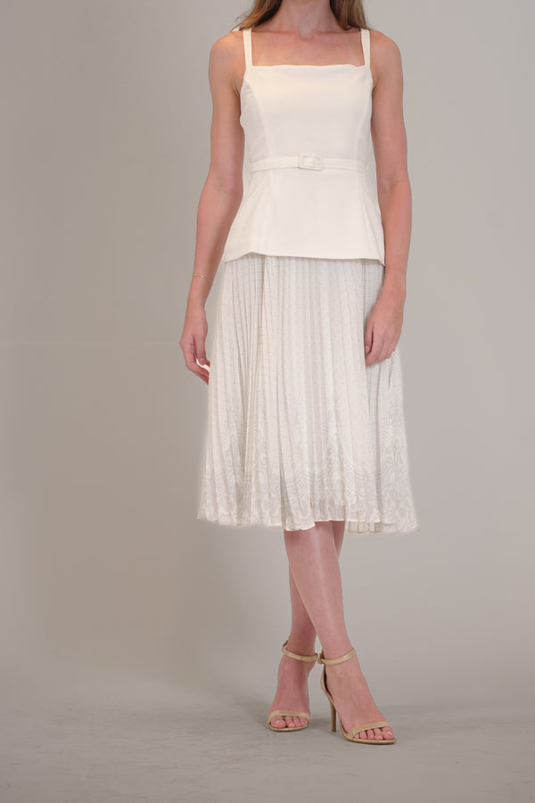 julia jordan SLVLESS MIX MEDIA BELTED PLEATED SKIRT DRESS IVORY/MULTI