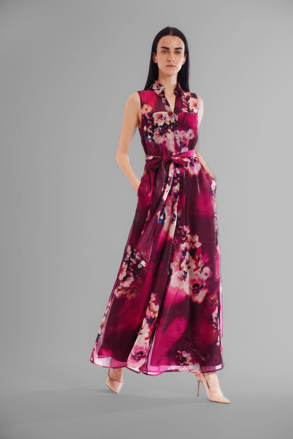 julia jordan SLVLESS WIDE LEG JUMPSUIT W/ SELF SASH PURPLE MULTI