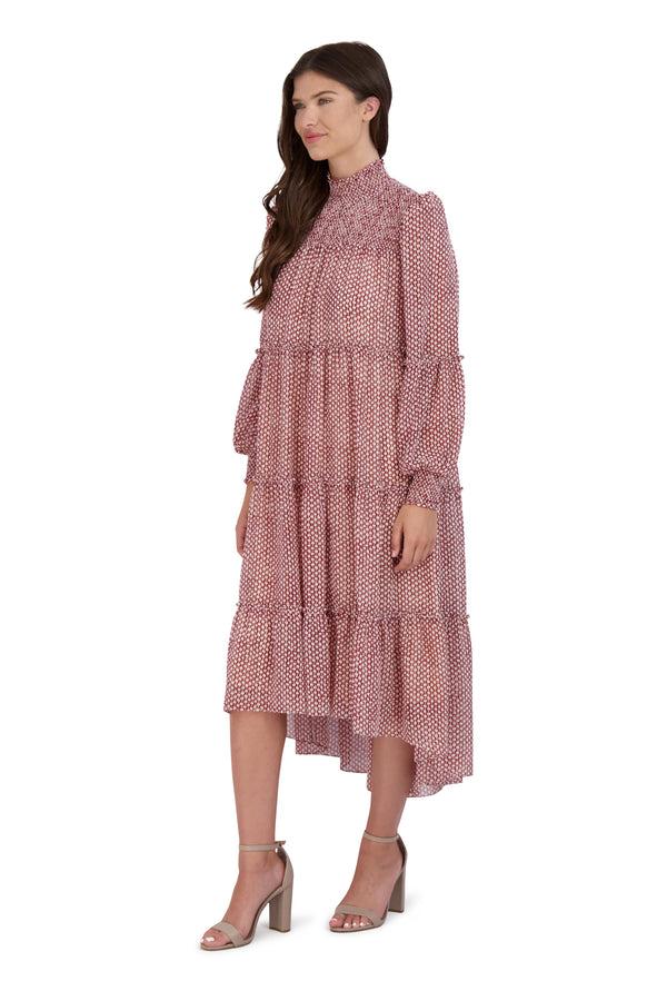 Julia Jordan SMOCK NECK AND BODICE MIDI DRESS RED IVORY