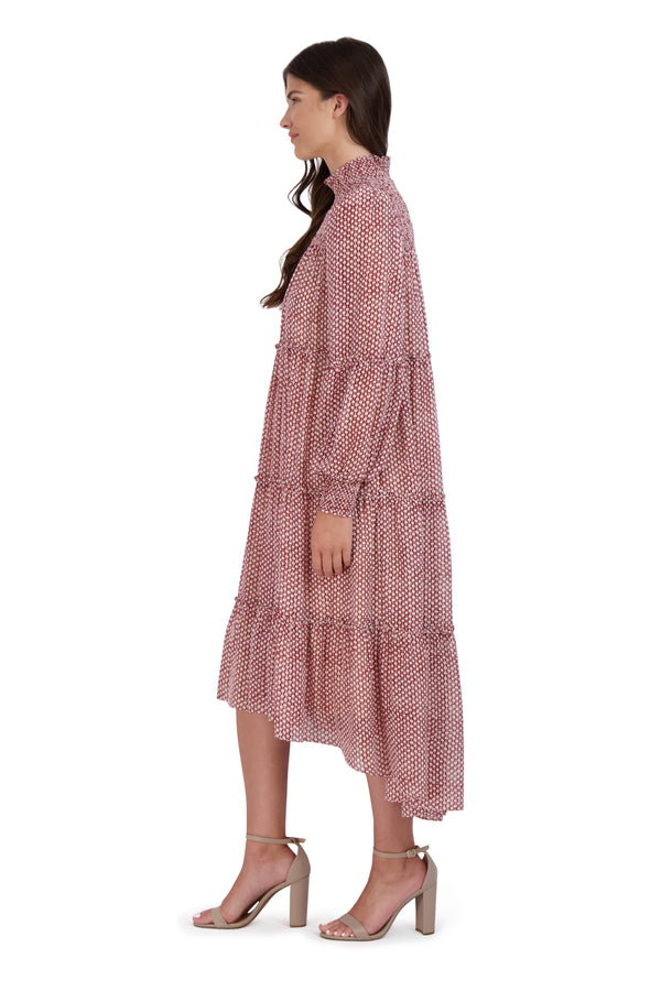 Julia Jordan SMOCK NECK AND BODICE MIDI DRESS RED IVORY