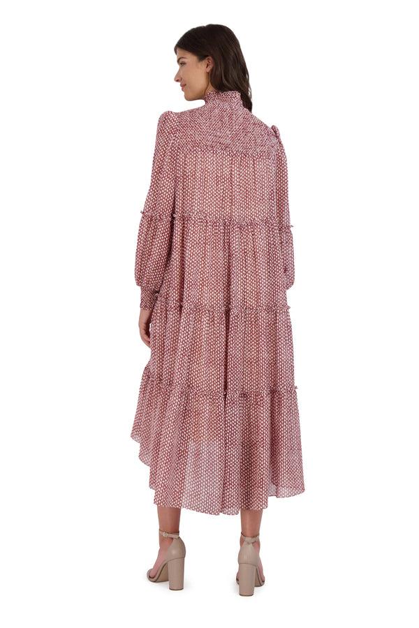 Julia Jordan SMOCK NECK AND BODICE MIDI DRESS RED IVORY