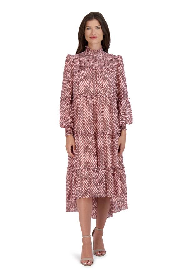 julia jordan SMOCK NECK AND BODICE MIDI DRESS RED IVORY