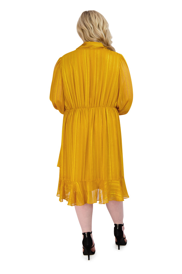 Julia Jordan Tie Neck Long Sleeve Short Ruffle Dress Yellow