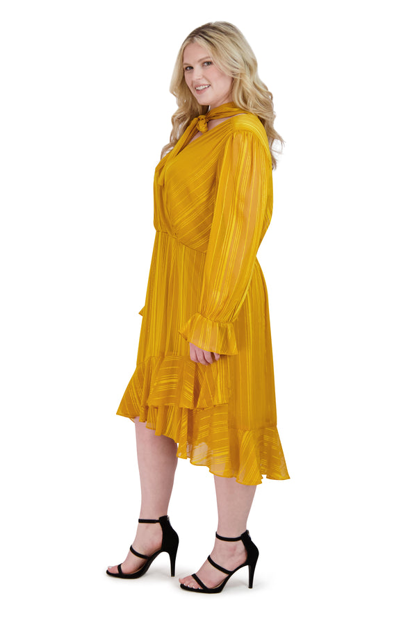 Julia Jordan Tie Neck Long Sleeve Short Ruffle Dress Yellow
