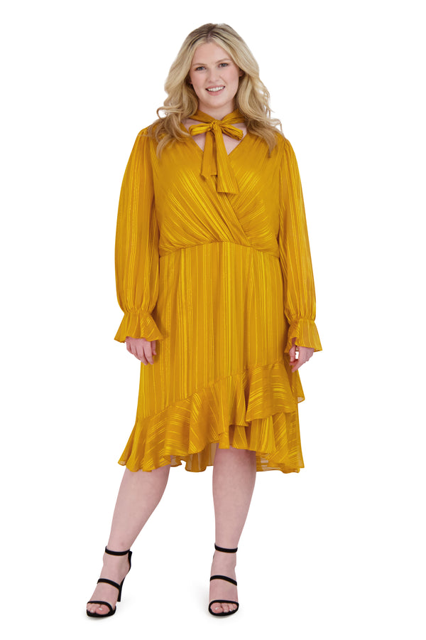 julia jordan Tie Neck Long Sleeve Short Ruffle Dress Yellow
