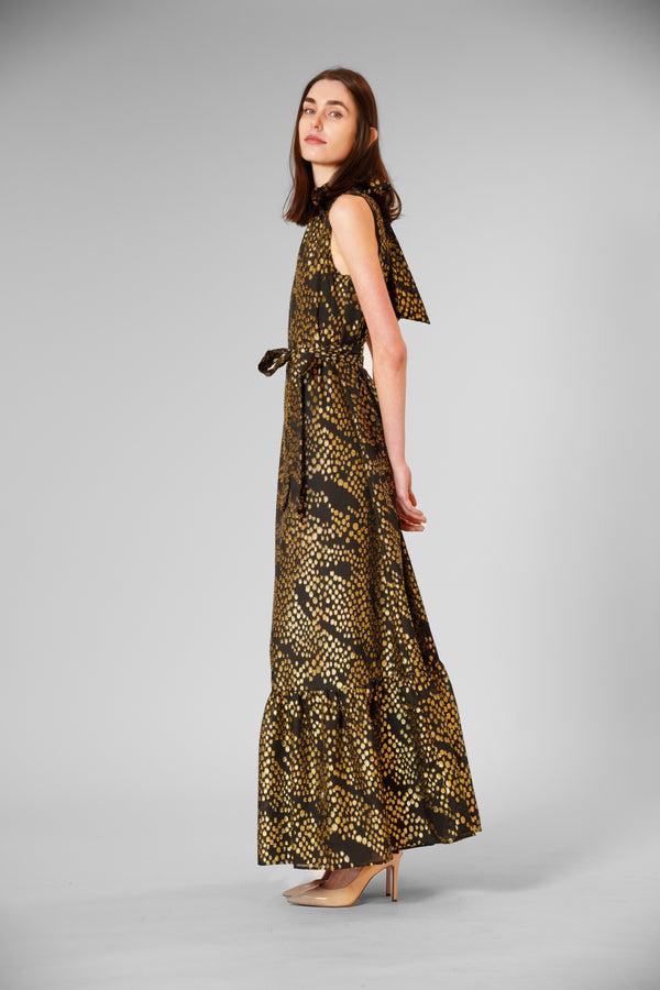 Julia Jordan TIE NECK LUREX CHIFFON/ OVERLAY DRESS W SASH BLACK GOLD