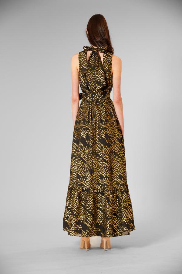 Julia Jordan TIE NECK LUREX CHIFFON/ OVERLAY DRESS W SASH BLACK GOLD