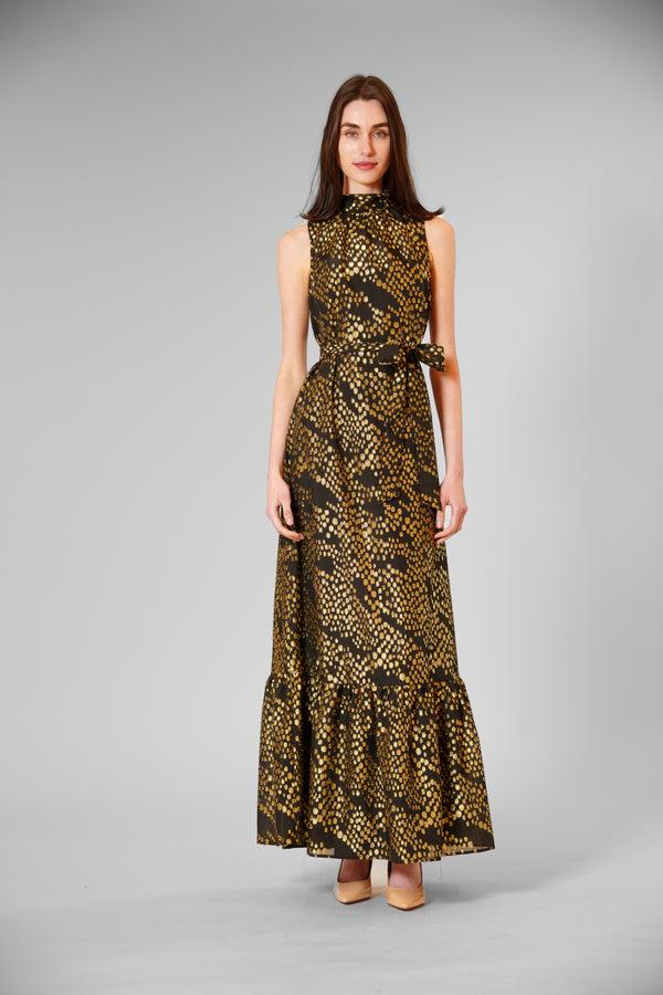 julia jordan TIE NECK LUREX CHIFFON/ OVERLAY DRESS W SASH BLACK GOLD