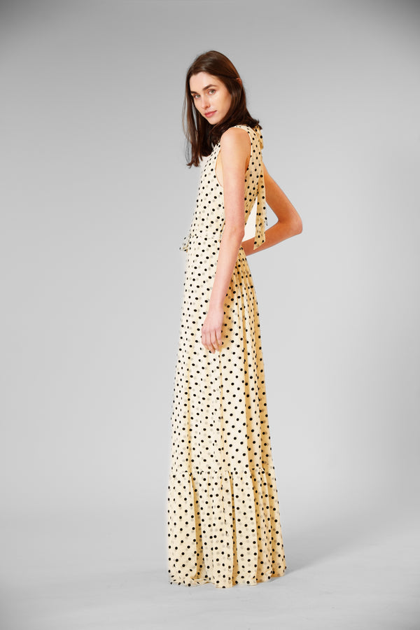 Julia Jordan TIE NECK POLKA DOT MESH/ OVERLAY DRESS W SASH IVORY