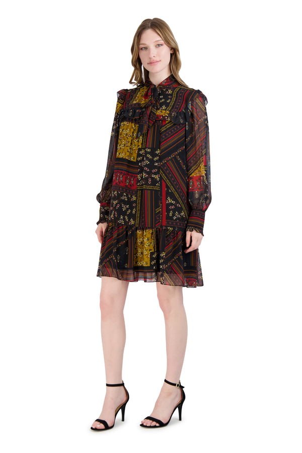 Julia Jordan Tie Neck Short Dress With Long Sleeves 2