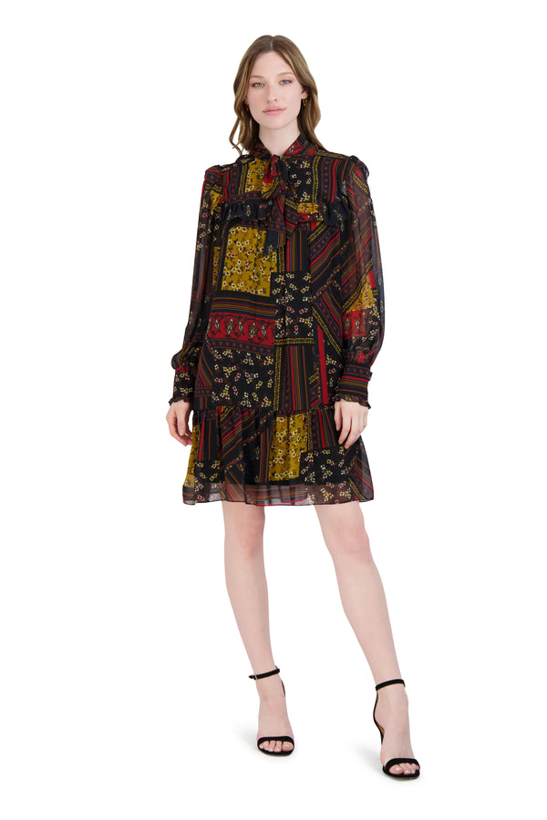 julia jordan Tie Neck Short Dress with Long Sleeves 2