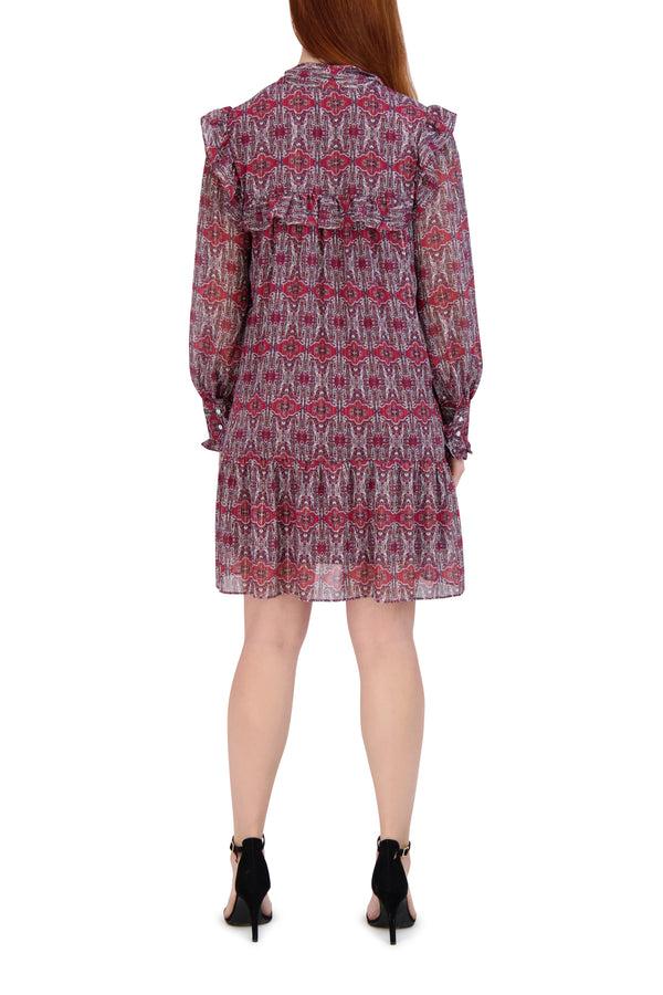 Julia Jordan Tie Neck Short Dress With Long Sleeves Multi
