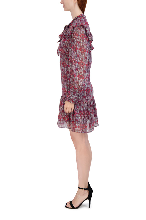 Julia Jordan Tie Neck Short Dress With Long Sleeves Multi