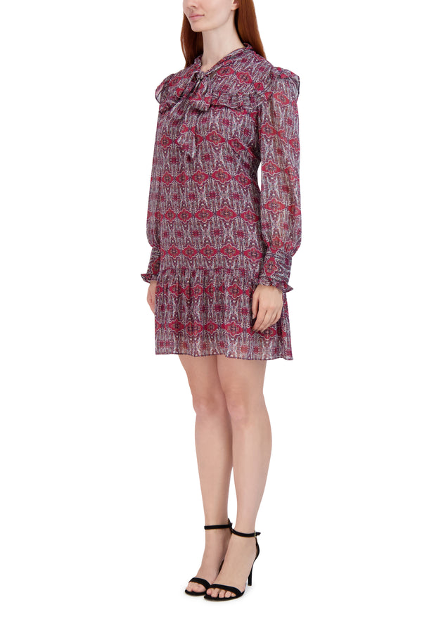 Julia Jordan Tie Neck Short Dress With Long Sleeves Multi