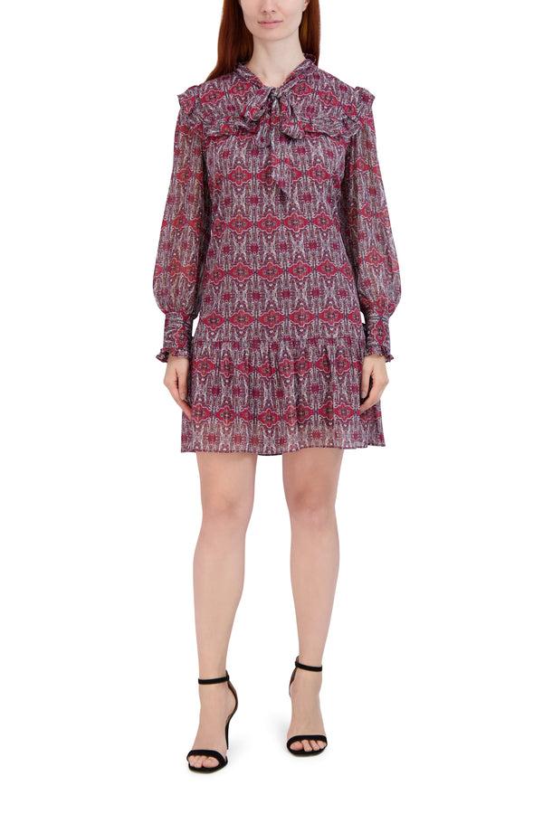 julia jordan Tie Neck Short Dress With Long Sleeves Multi
